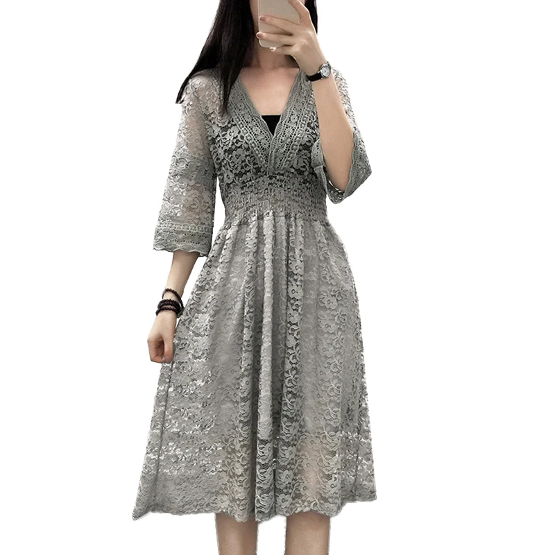 Модное сексуальное кружевное платье с v-образным вырезом женское перспективное винтажное летнее весеннее платье осеннее полурасклешенное вечернее платье с рукавом vestidos