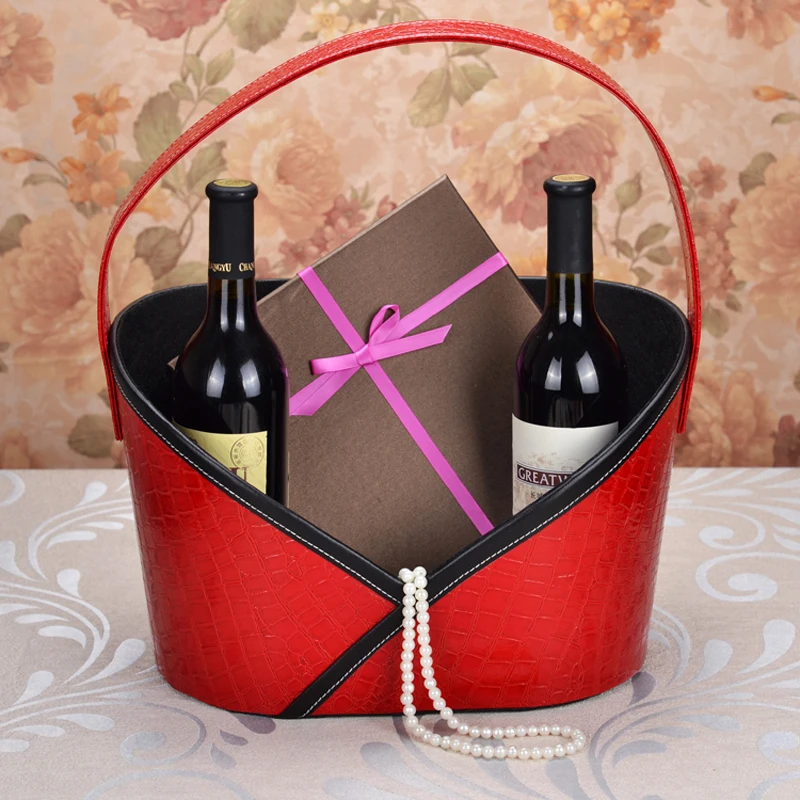 Кожаная Подарочная ручная Корзина Коробка для хранения вина/мелочей/подарков праздничная подарочная корзина упаковочная коробка домашнее украшение