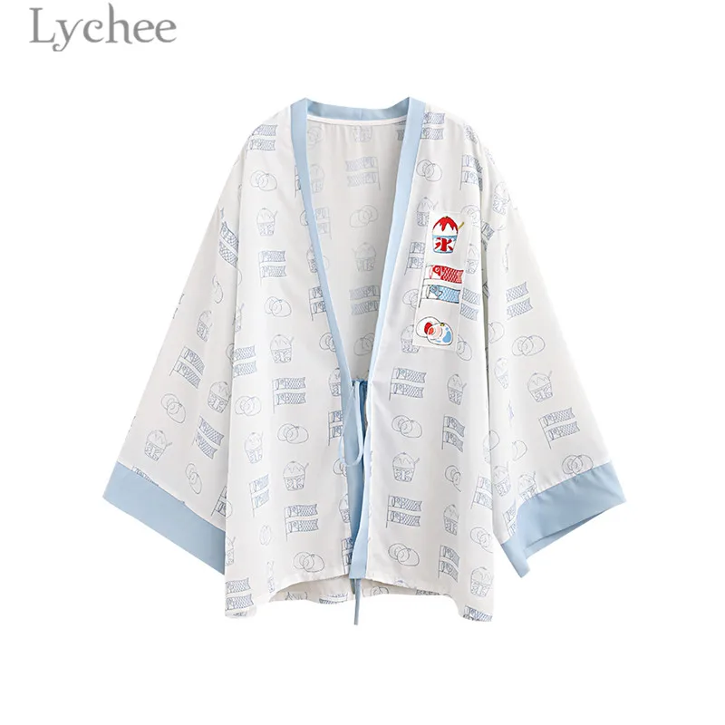 Lychee Harajuku Koinobori мороженое Принт женское кимоно кардиган блузка летняя на шнуровке