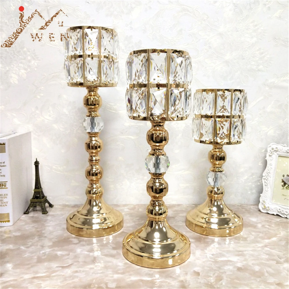 Metal Golden Candle Holders Crystals Delicate Wedding Candelabra Romantic Centerpiece For Home