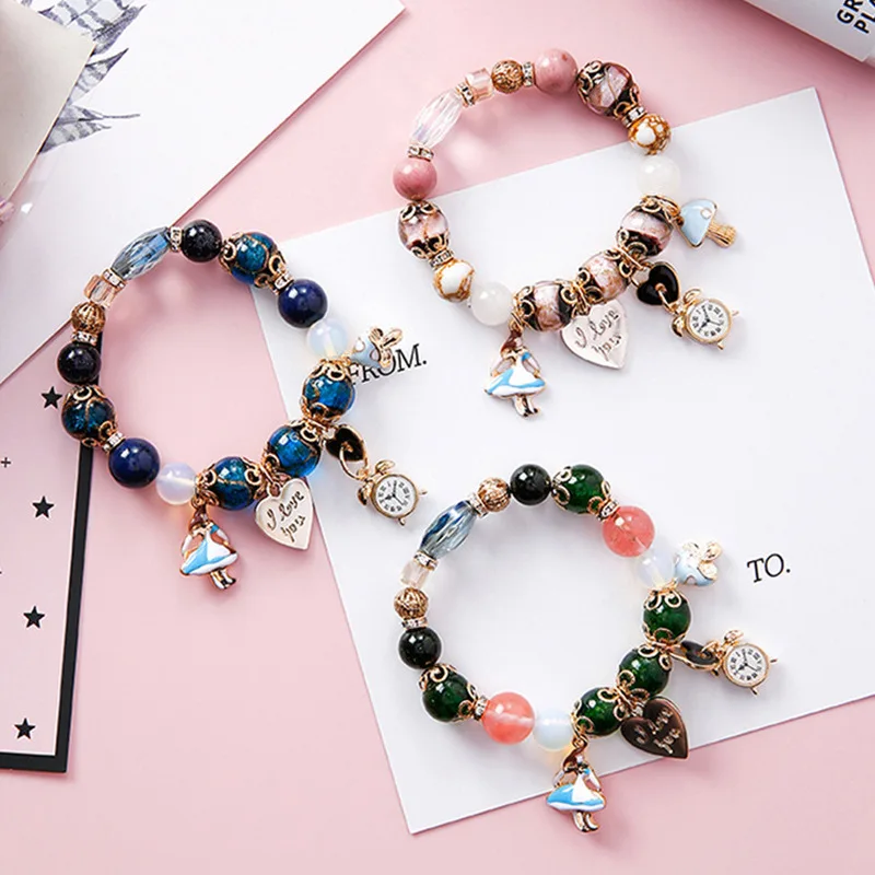 

Bohemia Ethnic Style Sweet Girl Alice In Wonderland Clock Love Letter Lock Beads Bracelet for Women Fashion Jewelry Accessories