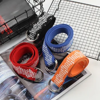 

Fashion Designer Unisex Harajuku Canvas Belts Silver Metal Double Ring Buckle Wide Waist Band Letter Decoration Jeans Belts 2019