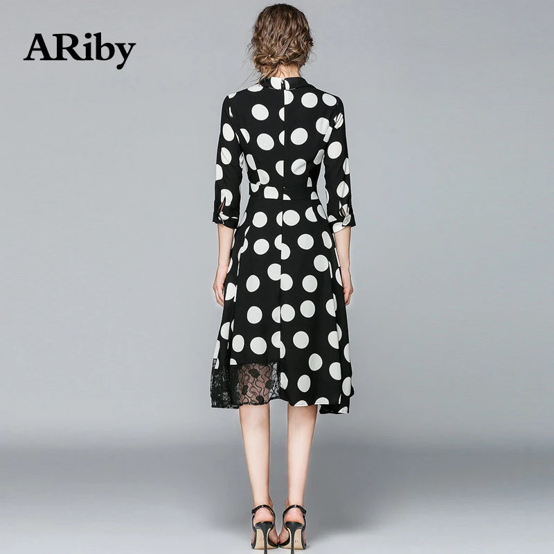 Dress Women Summer Maxi Party Dress 2019 New Office Lady Vintage Black Dot V-collar Lace Irregular Empire Slim A-Line Dress