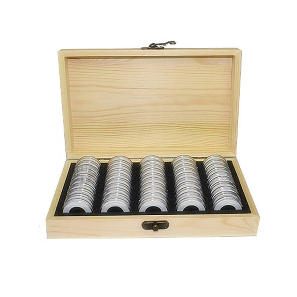 50 Capsules Wooden Display Storage Box Coins Case Collectible Coin NEW