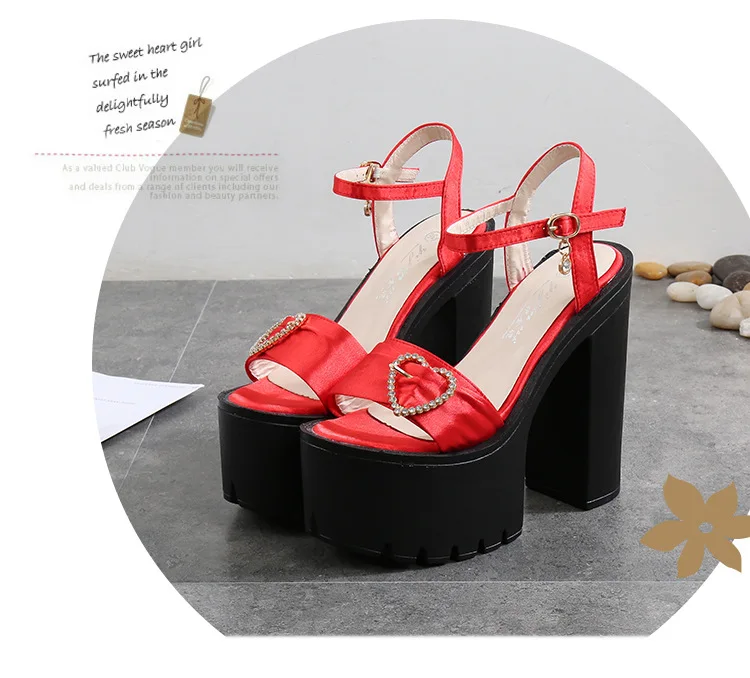 G-sparrow 14CM Comfortable Platform High Heels Thick Buckle Diamond Sandals Female Red Wedding Shoes Summer 2018 New Black34