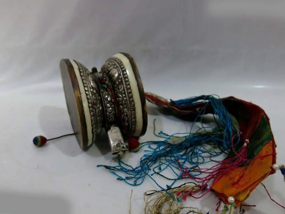 China Tibet silver Yak bone buddhism painted hand drum of Bone Statue A ...