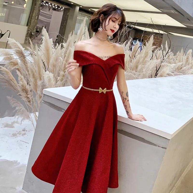 

Summer New Sexy Burgundy Slash Neck Evening Party Dress Bowknot Belt Qipao Pleated Gown Cheongsam Backless Vestidos De Festa