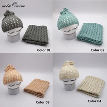 4 компл./лот пряжа Handcrochet так трикотажные растягивающиеся сплошной цвет Pointelle ребенка обёрточная бумага и шляпа новорожденного фото шарф с Hap