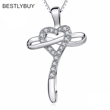

BESTLYBUY New Arrival 925 Sterling Silver Faith In Heart Cross Crystal Women Pendant Necklaces Authentic Silver Jewelry Gift