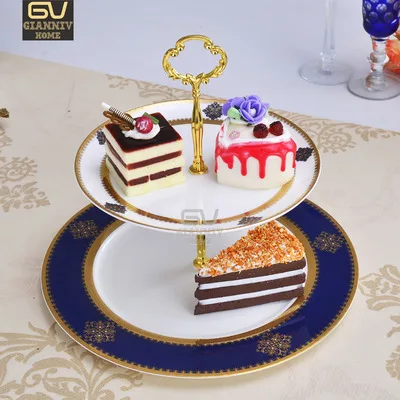 

European Style Bone China Embossed Pattern Double Decker Plates Cake Fruit Snack Plate Afternoon Tea coffee cup Ceramic Tray