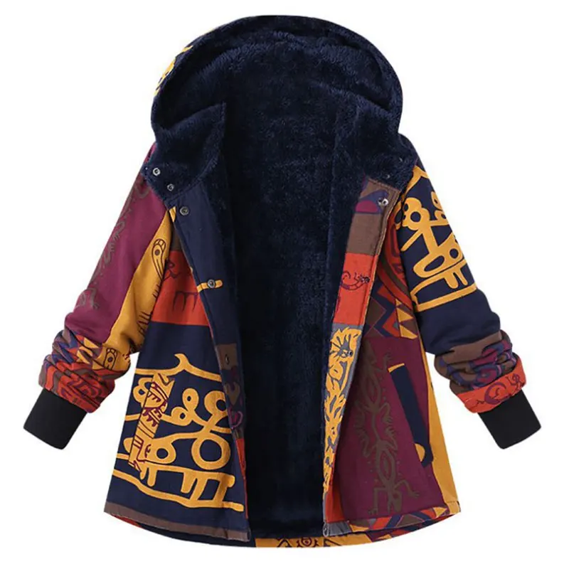

2018 Plus Size M-5XL Winter Long Sleeve Basic Jacket Outerwear Women Printed Hooded Coats Fleece Buttons Warm Long Coat Jackets