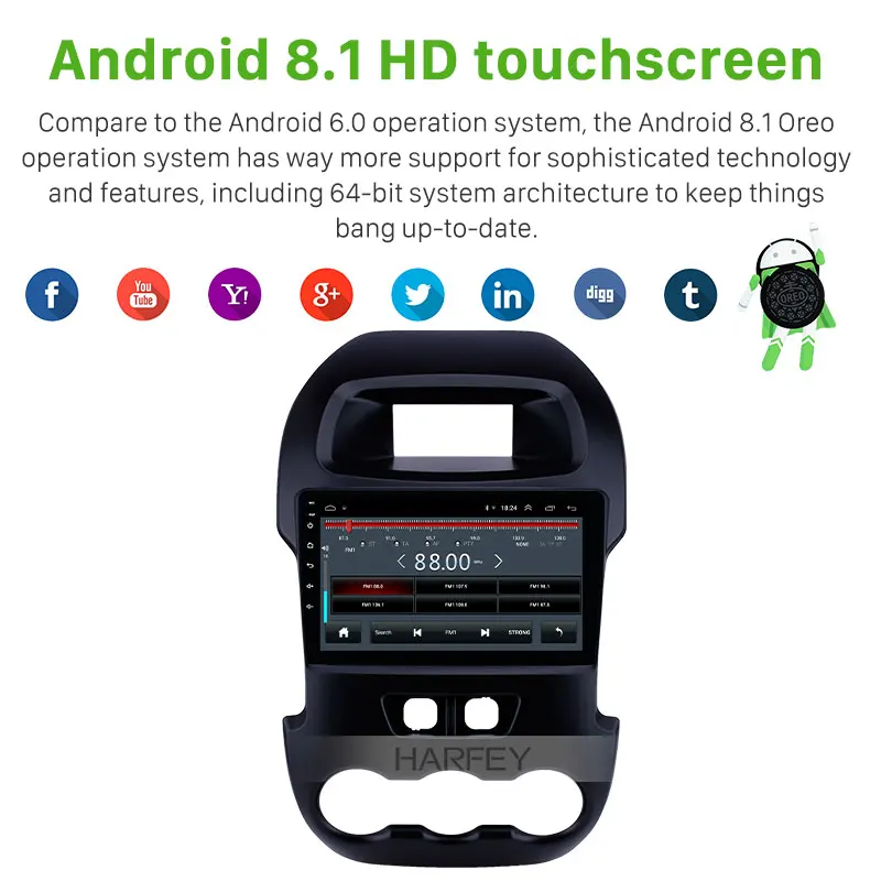 Perfect Harfey GPS Car Radio for Ford Ranger 2011-2014 9" Android 8.1 with Bluetooth HD Touchscreen support TPMS SWC Carplay Digital TV 2