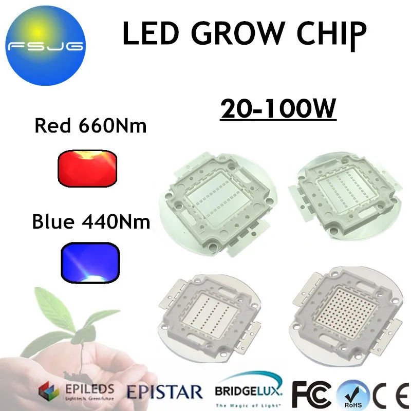 Высокая Мощность COB чип 20 Вт 30 50 100 Blue 440 445nm красный 660 665nm Лампы Завод свет роста