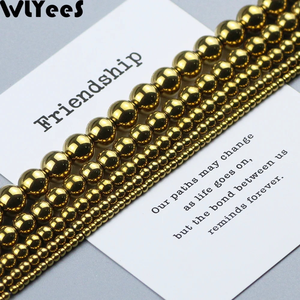 

WLYeeS Round Hematite beads Plating Gold natural Stone 2 3 4 6 8 10mm Spacer Loose Beads for Jewelry Bracelet Earring Making DIY