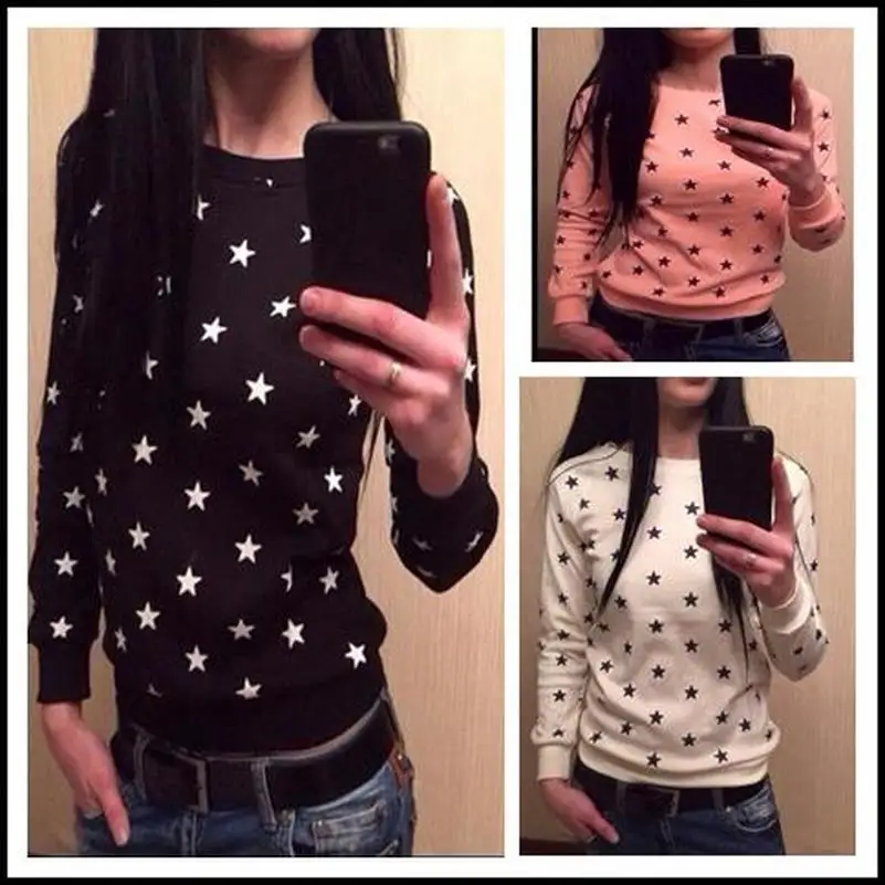 نجوم أغطية رأس مطبوعة بلوزات 2019 النساء عارضة Kawaii المتناثرة جديد العرق الشرير للبنات الملابس الأوروبية قمم الكورية نجوم أغطية رأس مطبوعة بلوزات 2019 النساء عارضة Kawaii المتناثرة جديد العرق الشرير للبنات الملابس الأوروبية قمم الكورية