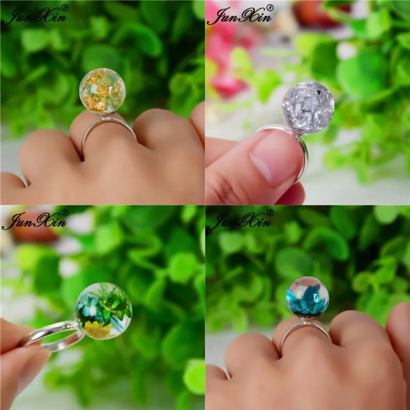 

JUNXIN DIY Handmade Dried Flower Epoxy Resin Rings For Women 925 Silver Filled Open Round Ball Ring Female Wedding Bands Jewelry