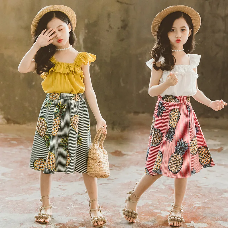 2019 Girls Summer Clothes Ruffle T-shirt Tops+Pineapple skirt 2 PCS Suit Kids Clothing 4 6 8 10 Years Princess Costume Set | Мать и