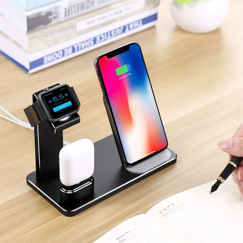 Новинка 2019 Qi Беспроводная зарядка подставка для iPhone док держатель Apple Watch Airpods 3 в 1
