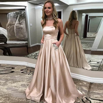 

Custom Made A-Line Satin Strapless Long Party Dress Crystal Pockets Pink Graduation Gown White Prom Dresses