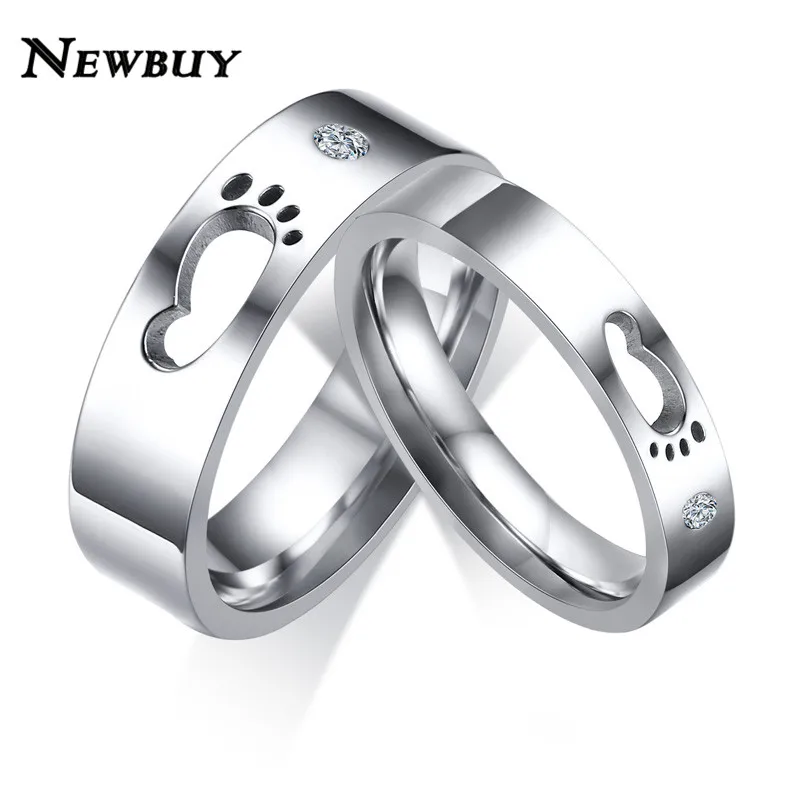 NEWBUY 2018 New Fashion Stainless Steel Hollow Out Feet Clear Cubic Zirconia Wedding Rings For Women Men Lovers' Couple Jewelry
