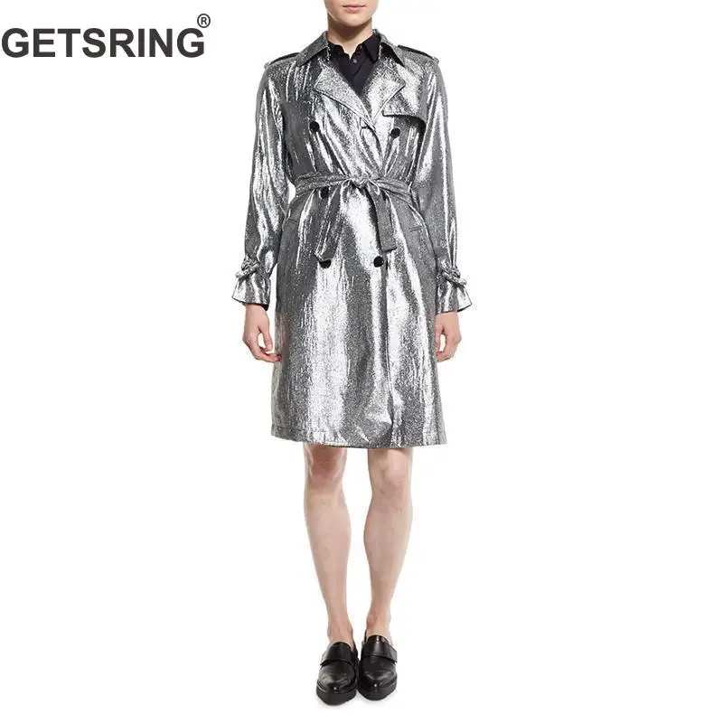 

GETSRING Women Trench Coat Silver Lace Up Windbreaker Long Sleeve Double Breasted Coat Fashion All Match Female Overcoat Spring