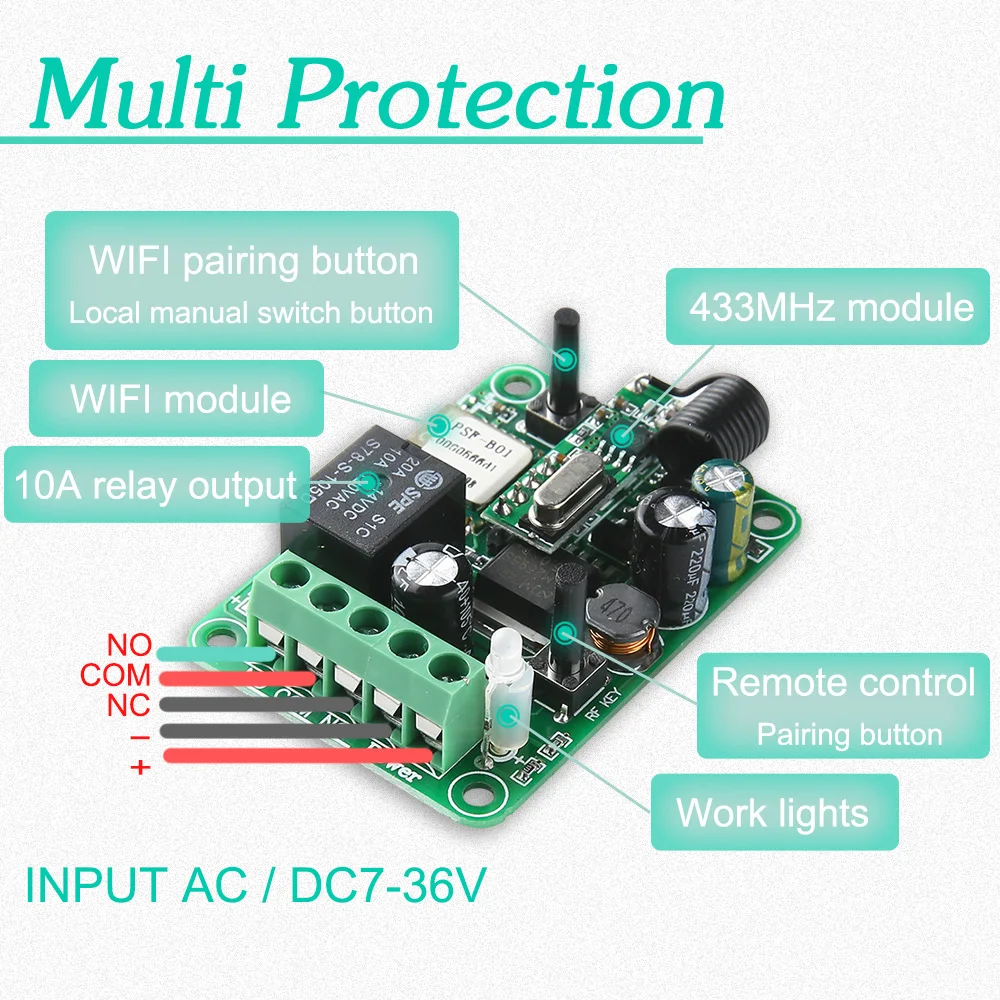 KTNNKG Wifi переключатель 1CH DC 12V 24V 10A домашняя Автоматизация релейный модуль 433Mhz