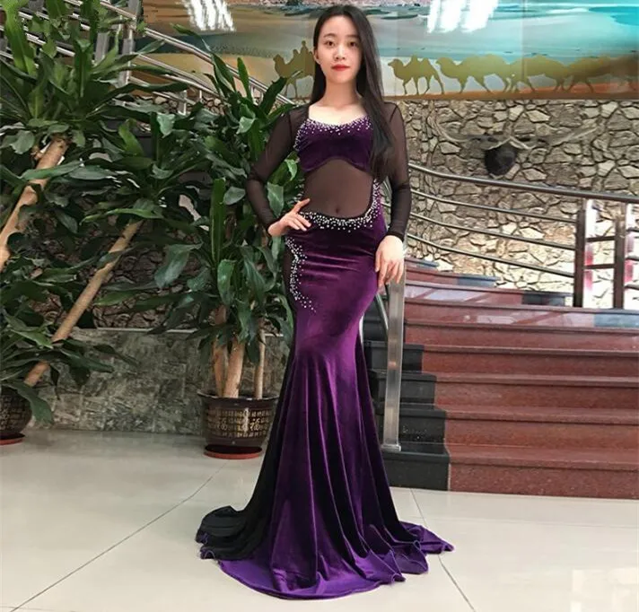 Purple Корейский Костюм для восточных танцев, цельное женское длинное платье, сексуальный прозрачный сетчатый танцевальный наряд, бархатный, фиолетовый, черный, ярко-розовый, M, L - Цвет: Purple