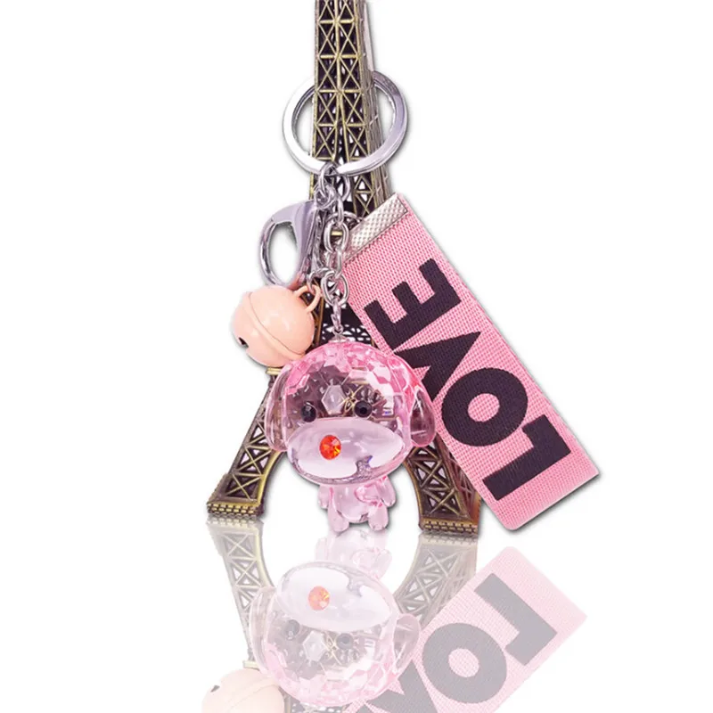 Cute Crystal Puppy Dog  Creative Fashion Animal KeychainWith Bell With Wrist Strap Key Chain Gifts For Women Car Lady Bag