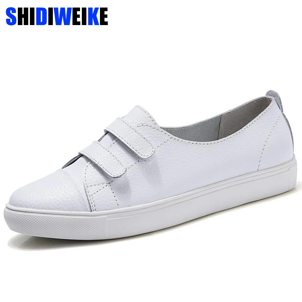 

Woman Split Leather Shoes Woman Flat Loafers 2019 New Autumn Round Toe Hook & Loop Leather Women Flat Shoes Casual g535