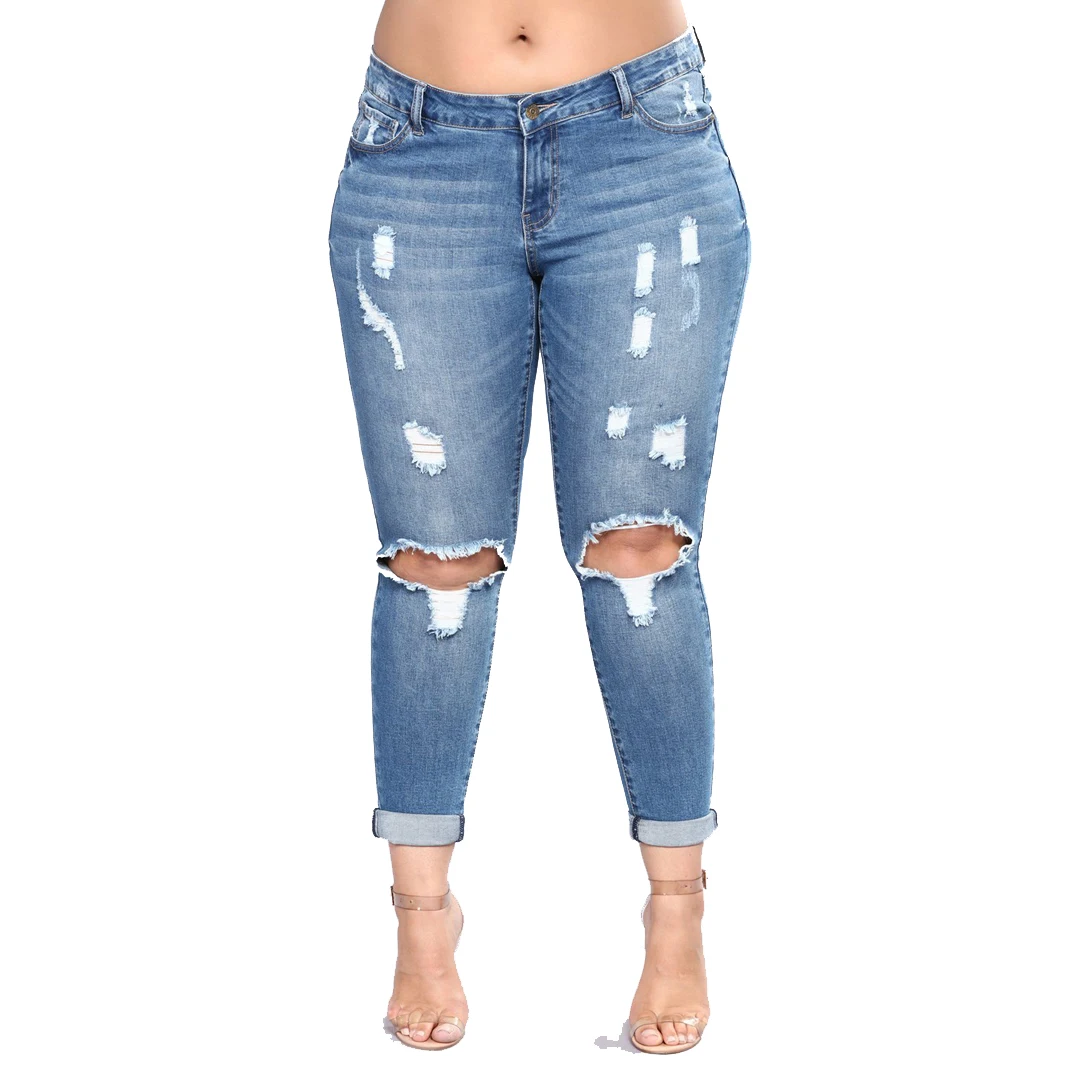 plue size 2XL-7XL Women High Waist Skinny Pencil Pants Blue Denim Woman Zipper Stretch Washed Women