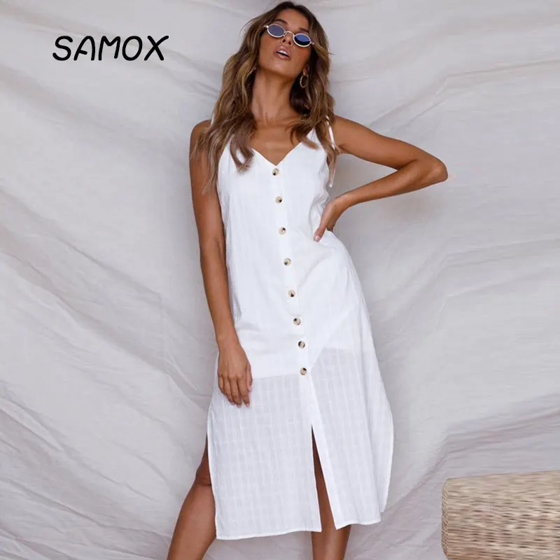 

JSMY 2019 New Summer Fashion Women Split Single Row Button Excellent Sleeveless V-Neck Dress