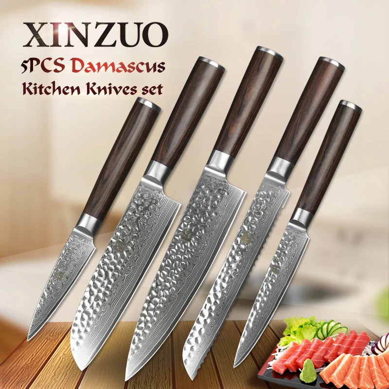 

5 pcs chef knife set 73 layers Japanese VG10 Damascus kitchen knife cleaver bread utility knife Micarta handle free shipping