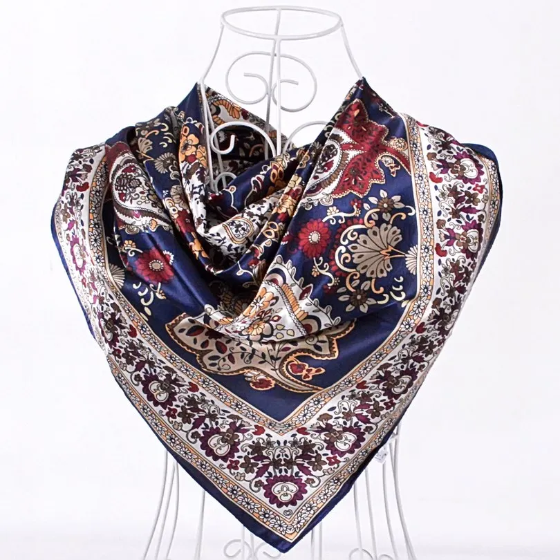 navy blue paisley Элегантный женский большой квадратный шелковый шарф с принтом, 90*90 см, модный весенний и осенний серый и фиолетовый Шелковый шарф из полиэстера, шаль - Цвет: navy blue paisley