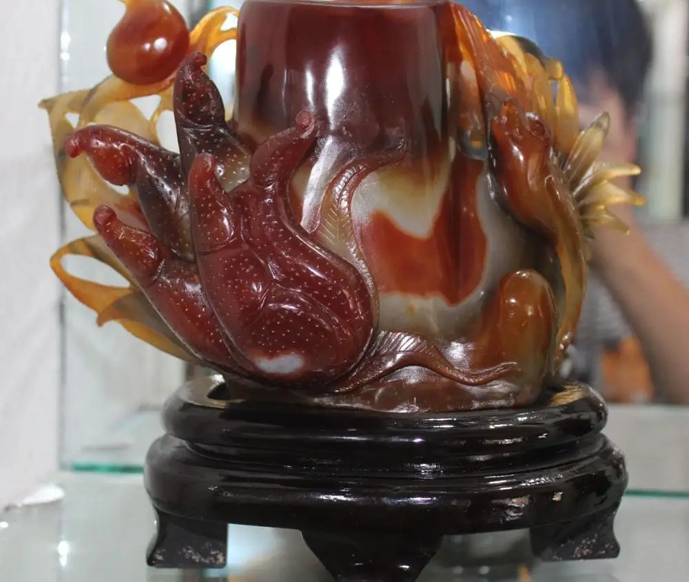 

8" Natural Red agate sardonyx pied magpie Bird Buddha Hand Brush Pot pencil vase