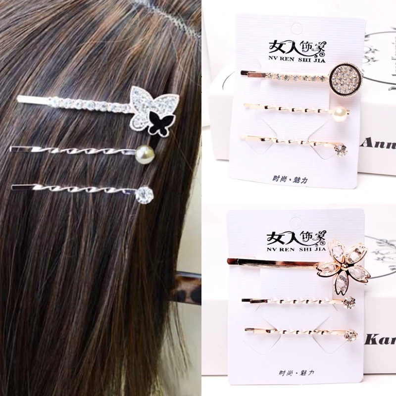 

Korean 3PCS Trendy Flower Women Girl Rhinestones Pearl Crystal Hair Clip Hairpin Set Barrette Bobby Hair Accessories Gifts