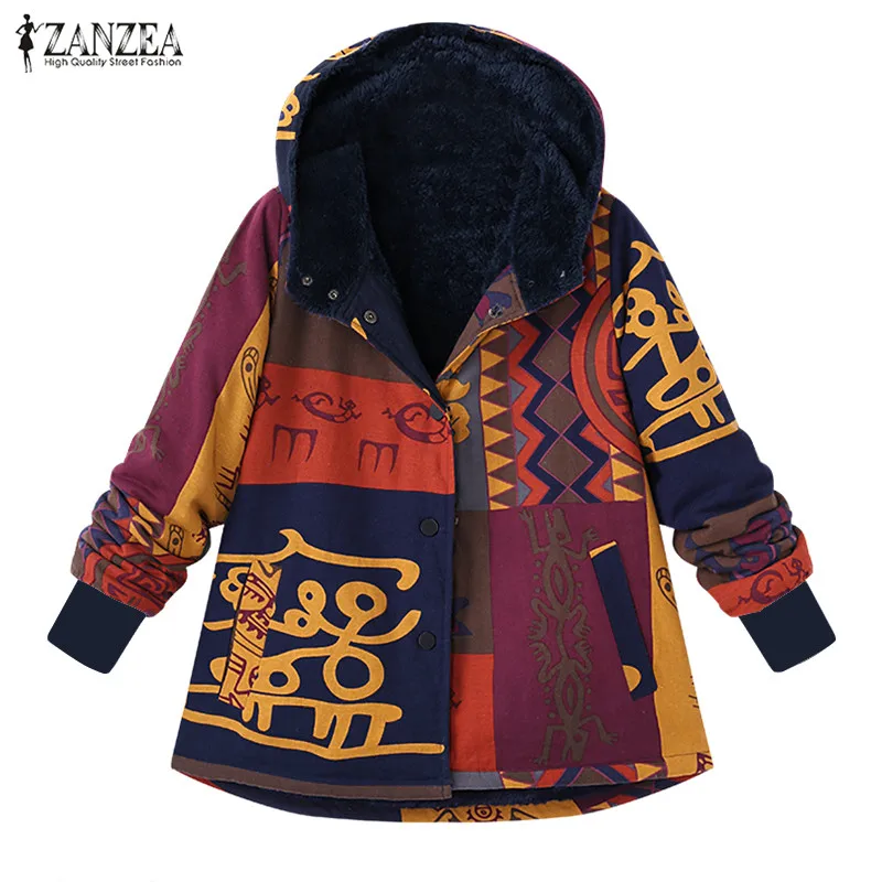 Most effective 2019 ZANZEA Women Vintage Floral Printed Winter Hooded Warm Coat Long Sleeve Plush Fluffy Outerwear