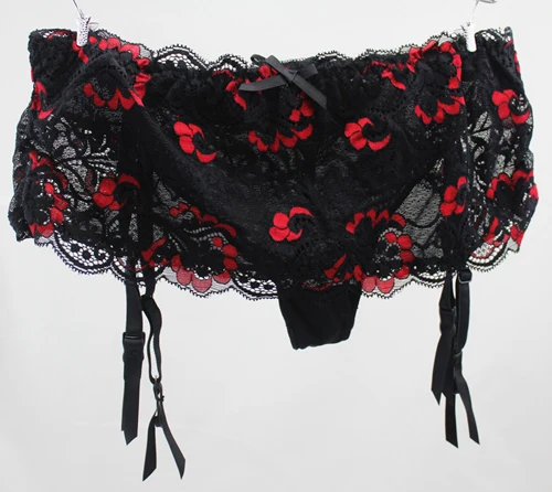 Пикантные женские юбки подвязки Для женщин кружева подвязки Ремни цветочный черный чулки на подвязках с /стринги, пояс для чулок S568