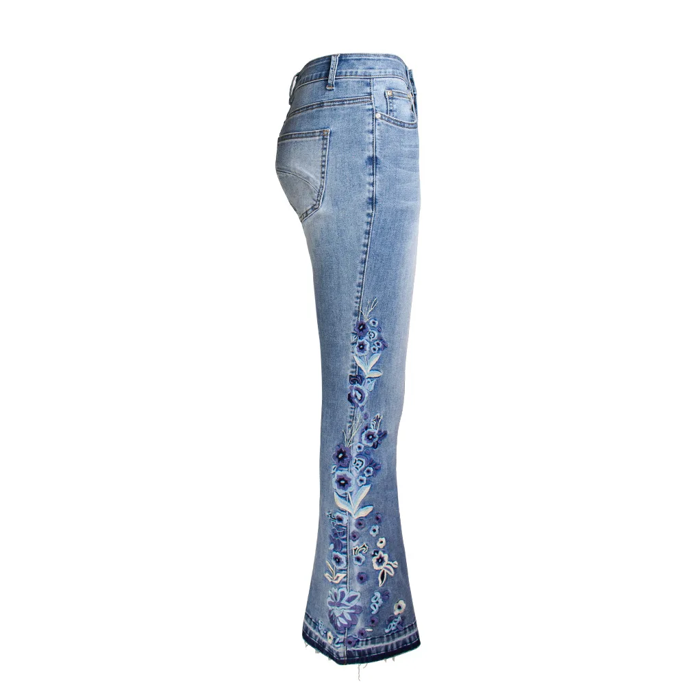 LOGAMI/узкие джинсы с цветочной вышивкой, женские винтажные расклешенные джинсовые штаны, женские Джинсы 4XL размера плюс - Цвет: Мятный