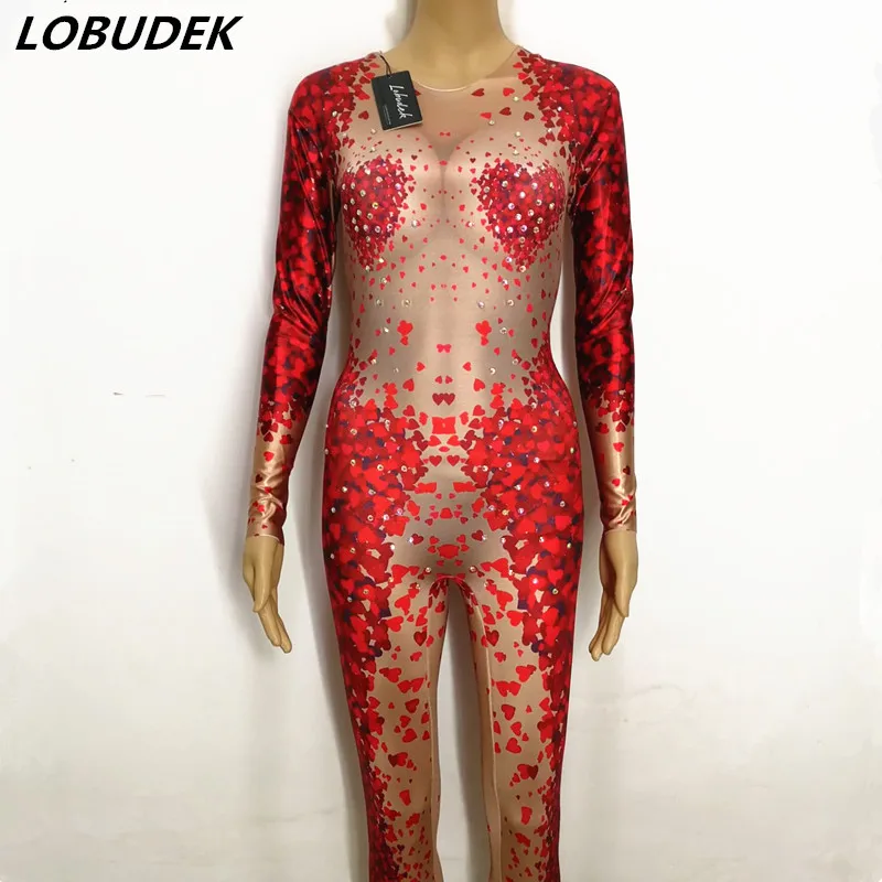 

Saint Valentine's Day Nightclub Female Pole dancing Costumes Leading dancer DJ DS sexy performance Red printing Leotard Jumpsuit
