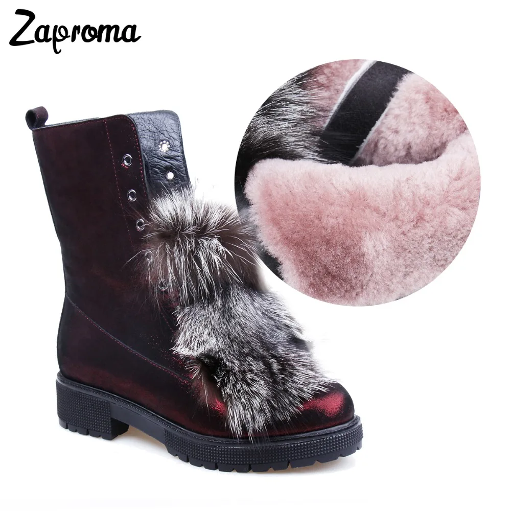 

Zaproma New Fashion Genuine Leather Fox Fur Outside Snow Boots Women Super Warm Wool Ankle Boots Zip Lady Winter Shoes