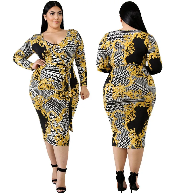 

Autumn Women's Clothing Long Sleeves V-neck Slash Collar Dress with Lacing Tight Fitting Bag Hips Sexy Pencil Dress Plus Size