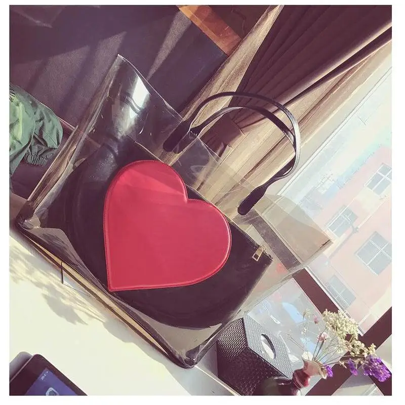 

Summer New Fashion Transparent Clear Women Handbag Beach Brand Designer Bag Over Shoulder Lady Pvc Heart Large Tote Bag Bolso