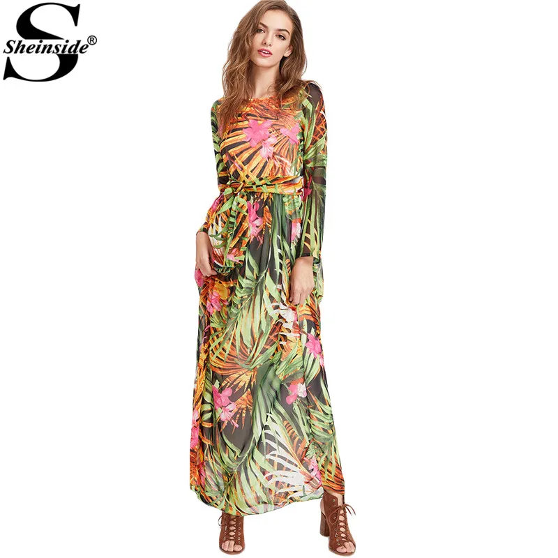 Buy Cheap Sheinside Tropical Maxi Dress Women Multicolor Boho Self Tie Full Length Chiffon Summer Dresses 2017 Casual Zip Beach Long Dress