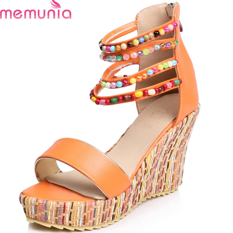 

MEMUNIA 2018 new arrive women sandals fashion elegant bead 10cm comfortable wedges shoes big size 35-43 simple zipper shoes
