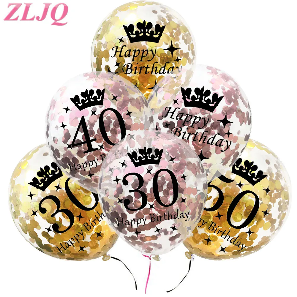 10Pcs Rose Gold 18 21st 30 40 50th Happy Birthday Crown Confetti Balloons Party