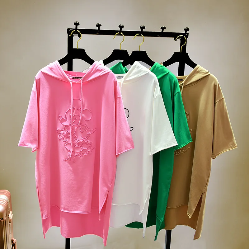 

Korean New Spring Summer Women Sold Color Loose Hoodie Simple Students Half Sleeved Sweatshirt Tees Cartoon Embroidery Shirts