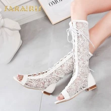 Sarairis/Повседневная летняя обувь на шнуровке с открытым носком на низком каблуке для вечеринки и свадьбы женские сапоги до колена размеры 34-48