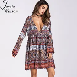 Джесси Винсон для женщин; Большие размеры Этническая Стиль v-образным вырезом с длинным рукавом Свободные бохо платье богемный печати