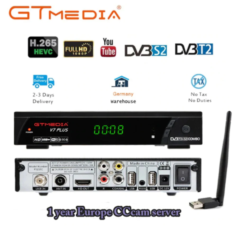 ТВ коробка DVB T2 GTmedia V7 PLUS ТВ наземный приемник DVB-S/S2 + T/T2 H.265 Поддержка HDMI телеприставка для Европы/России/Коламбия