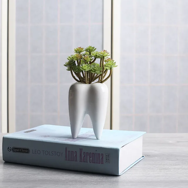 I pc Tooth Shape White Ceramic Flower Pot Modern Design Planter Teeth Model Mini Desktop Pot Creative Gift(without plants)